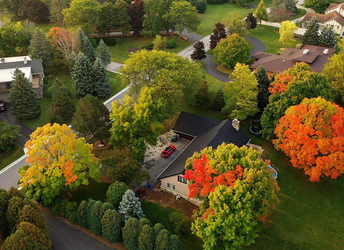 Deerfield IL, Insurance - Aerial View of Neighborhood in Illinois on a Nice Sunny Fall Day
